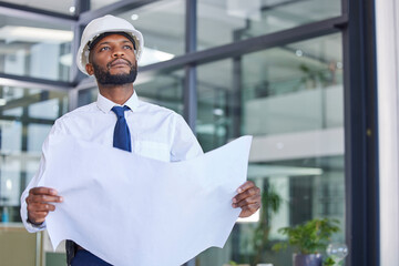 Poster - Black man, architect and blueprint in construction planning, thinking or contractor at the office. African American male engineer holding project plan for industrial building, layout and architecture