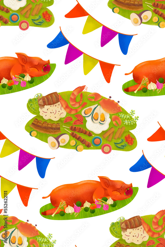 Filipino fiesta illustrated pattern with lechon roasted pig, boodle ...