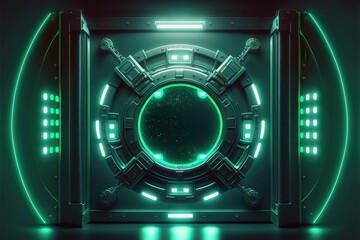 High tech fantasy round portal neon light, illumination entrance, galaxy doors, appliances, cyberpunk. Abstract neon background, portal, entrance, sections and light reflection. AI