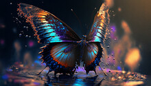 Abstract Painting Concept. Colorful Art Of A Butterfly Flying And Sourrounded By Water Splashes. Animals. Generative AI.