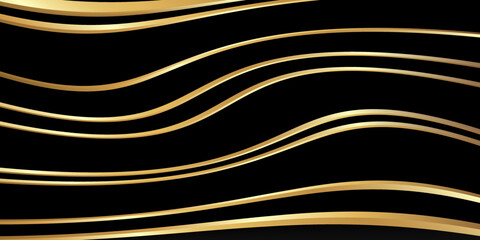 Wall Mural - Abstract banner design template black glossy with wavy golden line and lighting effect on dark background.