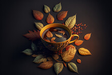 Background For The Autumn Theme, With Falling Leaves And A Cup Of Coffee. Generative AI