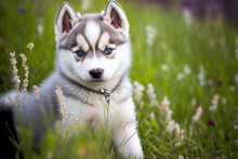 Young Alaskan Husky Frolicking On The Grass, Looking Really Adorable. Generative AI