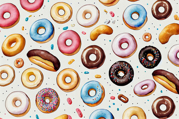 cute whimsical donut collection on white background with margins, watercolor