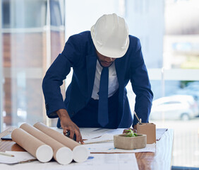 Poster - Architect, blueprint and planning, architecture and black man working in office, corporate construction job. Review building plan, design and drawing on desk with construction worker and businessman.