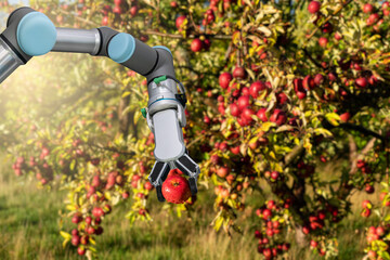 Sticker - robot arm is working in the smart farm. Digital transformation of farming.	