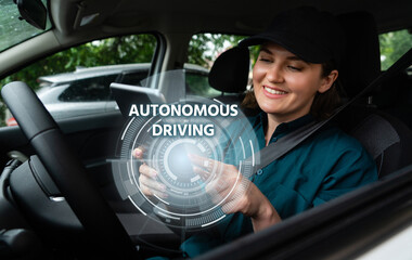 Poster - Woman driver controls an autonomous car using a digital tablet