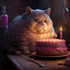Wall Mural - Fat Cat Sitting in front of Cake with Lit Candle. Generative ai