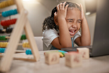 Aufkleber - Black girl frustrated, remote school from home and laptop for online learning, overworked and stress. Young female, kid and child with homework, education and unhappy for study, burnout and anxiety.