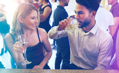 Poster - Party, man and woman talking and drinking on a date to celebrate new years eve with dancing. Dating, partying and a couple of friends chat while celebrating at the disco with alcohol drinks