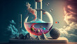 © PhotoGranary - Abstract science concept. Colorful art of a test tube with fishes and many bubbles. Research and experiment. Generative AI.