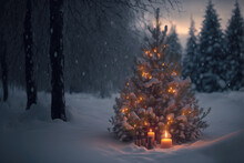 Small Christmas Tree With Candles In The Middle Of Snowy Forest, Illustration Generated By AI