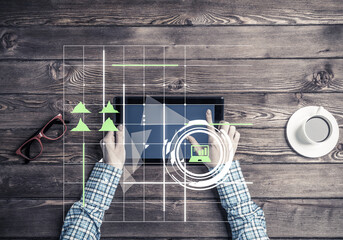 Poster - Business workplace with tablet device coffee cup and media graphs and diagrams