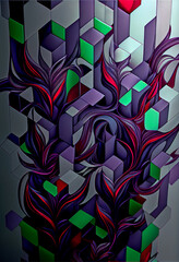 Wall Mural - Abstract pattern of cubes and leaves generative art
