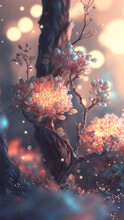 Magical Winter Nature With Ice And Snow. Sparkling Fantasy Floral Elements. Generative Ai