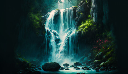 Wall Mural - Abstract art. Colorful painting art of a waterfall in the mountains. Background illustration. Generative AI.