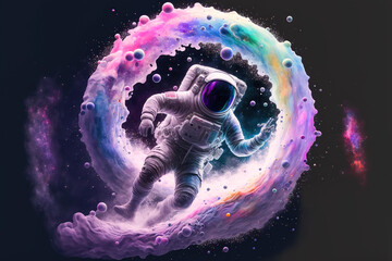 Wall Mural - beautiful painting of an astronaut in in a colorful bubbles galaxy on a different planet. generative