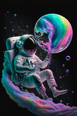 Wall Mural - beautiful painting of an astronaut in in a colorful bubbles galaxy on a different planet. generative