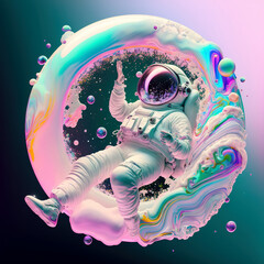 Wall Mural - beautiful painting of an astronaut in in a colorful bubbles galaxy on a different planet. generative