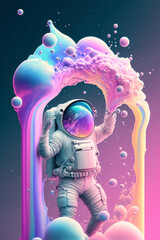 Wall Mural - beautiful painting of an astronaut in in a colorful bubbles galaxy on a different planet. generative