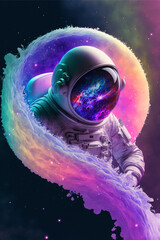 Wall Mural - beautiful painting of an astronaut in in a colorful bubbles galaxy on a different planet. generative