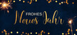 Frohes neues Jahr 2024 Silvester Feiertags Grußkarte mit Text - Goldene Wunderkerzen und Bokeh Lichter, Collage an blauem Himmel in der Nacht