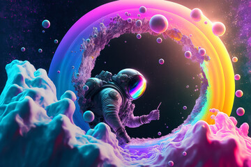 Beautiful painting of an astronaut in in a colorful bubbles galaxy on a different planet. Generative AI. Pop art concept