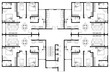 Architect's layout drawing of 4 medium size apartments with 3 bedrooms complete with furniture. 2D drawing using CAD in black and white. 4 houses sharing the same floor. 
