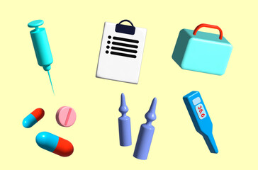 A set of medicines in 3D style (thermometer, first aid kit, syringe, tablet, pill, protocol.