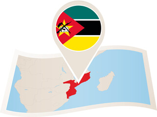 Wall Mural - Folded paper map of Mozambique with flag pin of Mozambique. 