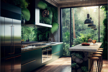 Luxury modern kitchen with a jungle theme with exotic plants interior design