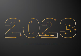 Wall Mural - Happy New 2023 Year banner with gold line numbers and sparkles. Greeting Card, Banner, Poster. Vector