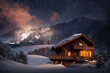 Illustration of an alpine cabin chalet in front of a snowy winter landscape in the mountains during night. Content is created with generative ai