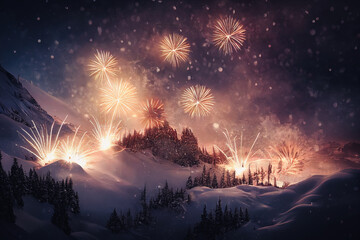 Firework scene during silvester at a alpine mountain landscape, snowy mountain landscape view with fireworks in the background. Content is created with generative ai