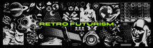 Retro Futuristic Grunge Elements For Design. Abstract 3D Figures, Space Satellites, Surveillance Cameras. Set Of Threshold Elements. Blanks For A Poster, Banner, Business Card, Sticker