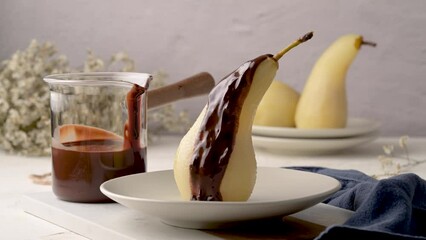 Canvas Print - Poire belle Helene - French dessert made from poached pears served with chocolate ganache.