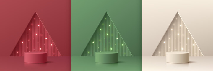 Set of 3D abstract with red, cream, green realistic cylinder podium. Neon light bulb in triangle window background. Mockup product display. Mery christmas, New year minimal wall scene. Stage showcase.