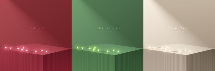 Wall Mural - Set of christmas 3D background with red, cream, green realistic cube tables desk, stand podium. Neon bulb lighting. Vector geometric forms. Mockup product display. Minimal wall scene. Stage showcase.