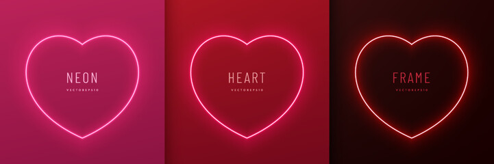 Wall Mural - Set of neon light heart shape frame design on red, pink, black background. Elements valentine day festival design. Collection of geometric backdrop for product display in top view scene. Vector EPS10.