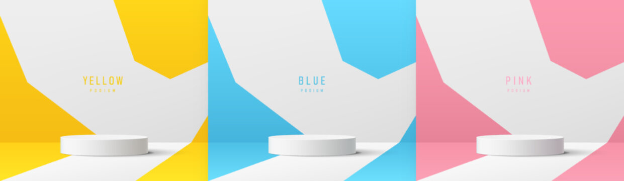 Set of white realistic 3d cylinder pedestal podium with pastel yellow, blue and pink in geometric backdrop. Abstract vector rendering platform. Mockup product display presentation. Minimal wall scene.