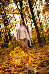 Wall Mural - Golden park walking pretty woman. Outdoor autumn seasonal yellow nature.