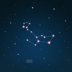 Constellation Cetus scheme in starry sky. Open space. Vector illustration Cetus, constellation through a telescope