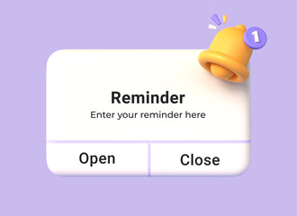 Poster - 3d notification box with yellow bell and open button in cartoon style. concept of reminder or business planning event. illustration isolated on purple background. 3d rendering