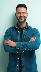 Poster - Portrait of happy casual man smiling, Young guy standing at white wall, Isolated on white background, copy space.