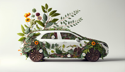 Environmentally friendly vehicle. Car covered in nature, leaves and flowers, green energy. Generative ai