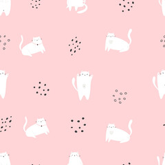 Seamless pattern with funny cats on pink background