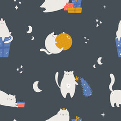 Wall Mural - Seamless pattern with funny holiday cats, decorations, Christmas trees, gifr boxes