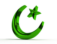 Isolated Crescent In Silver Metallic Material, 14 August Or 23 March Symbol, Pakistan Day And Happy Independence Day Icon On White Background, 3D Render Illustration.