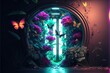 Abstract fantasy floral sci-fi neon portal. Flower plants with neon illumination. AI