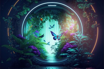 Wall Mural - Abstract fantasy floral sci-fi neon portal. Flower plants with neon illumination. AI